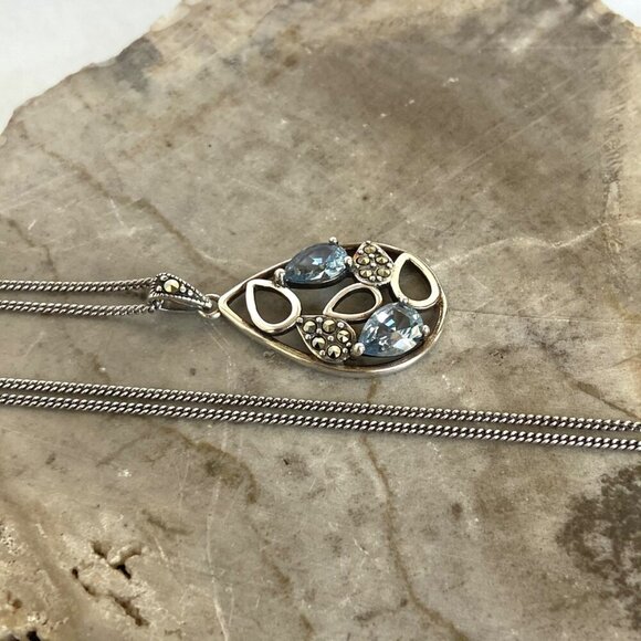 Sterling Silver 925 SLC Blue Topaz Marcasite Teardrop Pendant Necklace 18" Chain - Picture 5 of 16